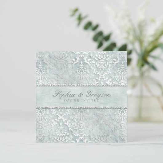Antiek Sage Glimmer Damask Wedding Invite Kaart (Staand voorkant)