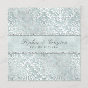 Antiek Sage Glimmer Damask Wedding Invite Kaart