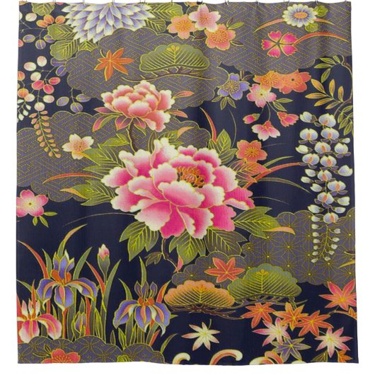 Antiek Salie Groene Japans Kimono Bloembloem Douchegordijn (Voorkant)