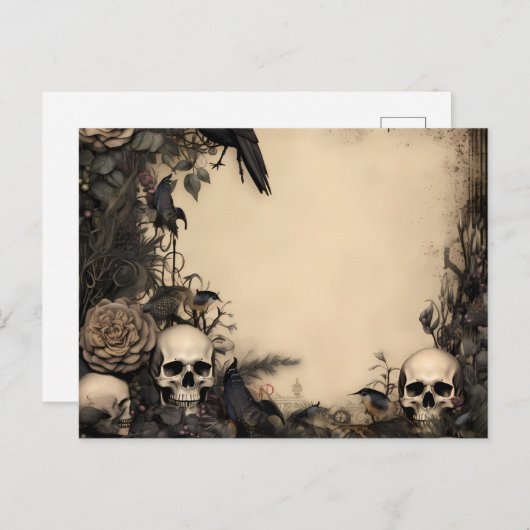 Antiek schedels Zwart Bloemen & Groen Halloween Feestdagenkaart (Voorkant / Achterkant)