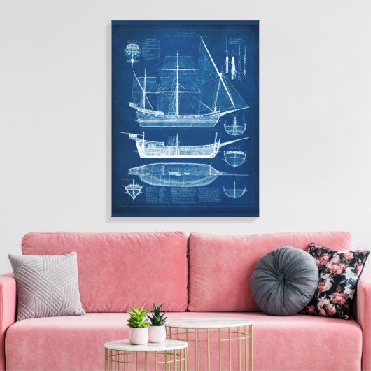 Antiek scheepsblauwdruk I Canvas Afdruk (Insitu (Woonkamer))