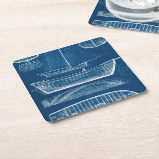 Antiek scheepsblauwdruk II Kartonnen Onderzetters (Schuin)