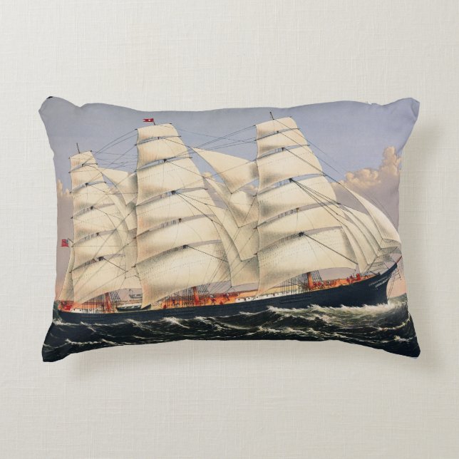 Antiek Scheepvaart Zeilschip Currier & Ives Accent Kussen (Voorkant)