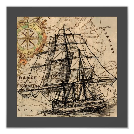 Antiek Schip En Kaart Foto Afdruk (Voorkant)