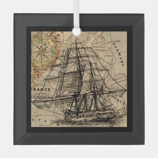 Antiek Schip En Kaart Glas Ornament (Voorkant)