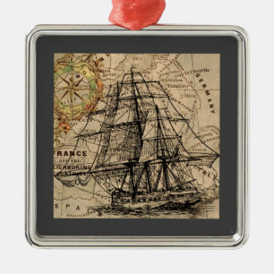 Antiek Schip En Kaart Metalen Ornament