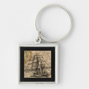 Antiek Schip En Kaart Sleutelhanger