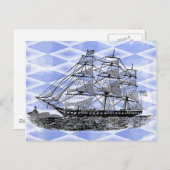 Antiek schip op blauw briefkaart (Voorkant / Achterkant)