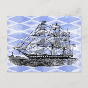 Antiek schip op blauw briefkaart