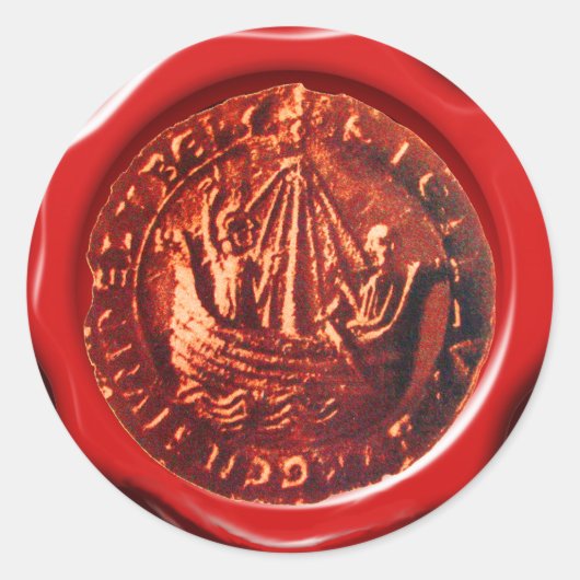 ANTIEK SCHIP RODE WAX SEAL RONDE STICKER (Voorkant)