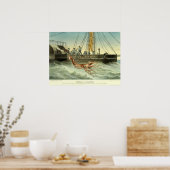 Antiek schip vangst reuzeninktvis poster (Keuken)