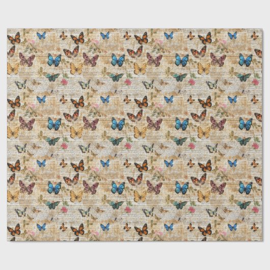 Antiek script & vlindercollage cadeaupapier (Vlak)