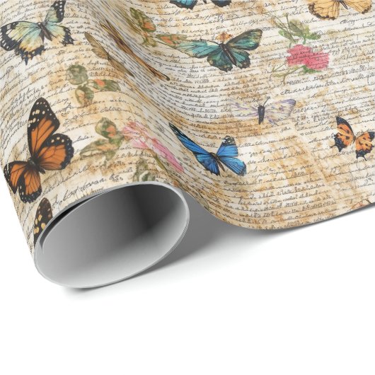 Antiek script & vlindercollage cadeaupapier (Rol Hoek)