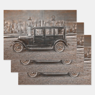  Antiek Sepia Black oude ritse auto Inpakpapier Vel
