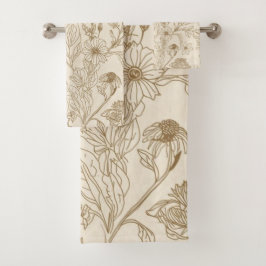 Antiek Sepia Botanisch Lijn Kunst Bloemmotief Bad Handdoek