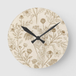 Antiek Sepia Botanisch Lijn Kunst Bloemmotief Ronde Klok