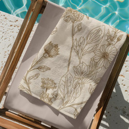 Antiek Sepia Botanisch Lijn Kunst Bloemmotief Strandlaken
