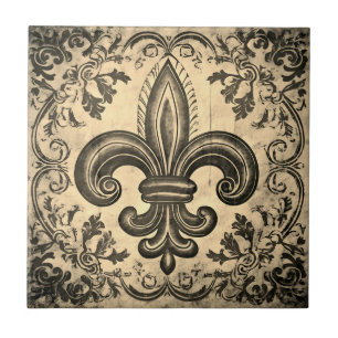 Antiek Sepia Fleur de Lis Distress Tegeltje