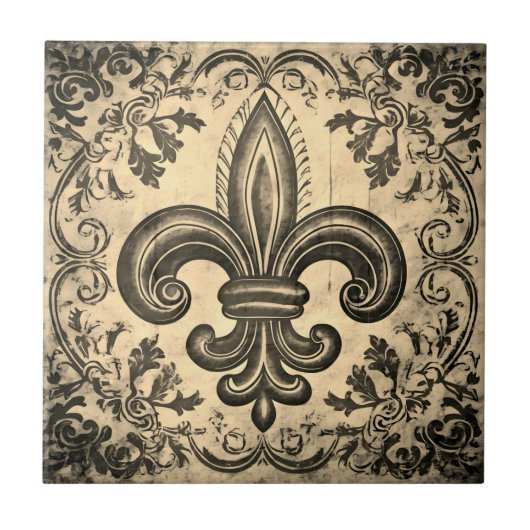 Antiek Sepia Fleur de Lis Distress Tegeltje (Voorkant)