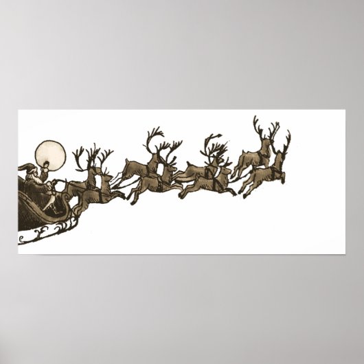  Antiek Sepia Santa Sleigh Rendieren Poster (Voorkant)