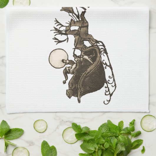  Antiek Sepia Santa Sleigh Rendieren Theedoek (Gevouwen)