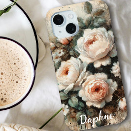 Antiek Shabby Chic Bord Roze Pioen Custom Naam iPhone 15 Case