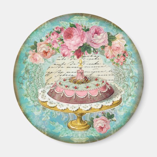 Antiek Shabby Chic Rozen & Cake Franse Patisserie Magneet (Voorkant)