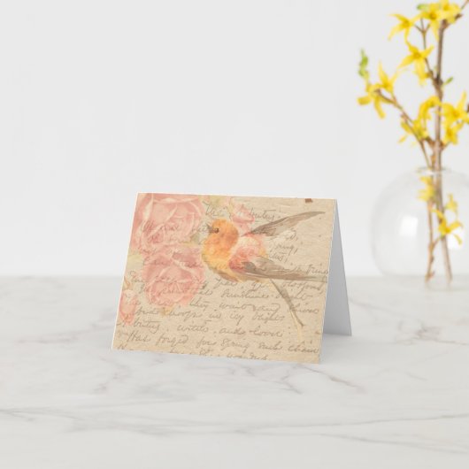  Antiek Shabby Chic Script & Bird Floral Kaart (Gele Bloem)