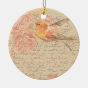  Antiek Shabby Chic Script & Bird Floral Keramisch Ornament