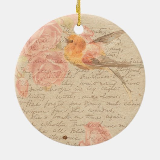 Antiek Shabby Chic Script & Bird Floral Keramisch Ornament (Achterkant)