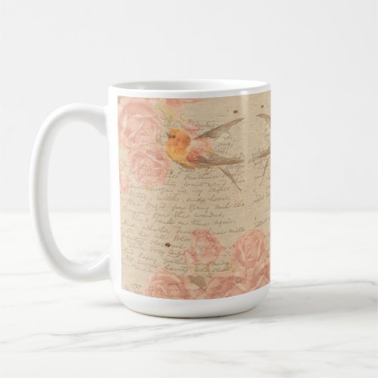  Antiek Shabby Chic Script & Bird Floral Koffiemok (Links)