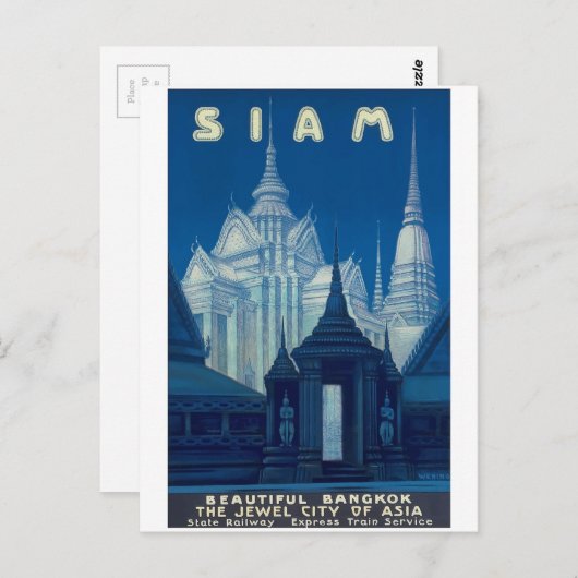 Antiek Siam Bangkok Temples Reisposter Briefkaart (Voorkant / Achterkant)