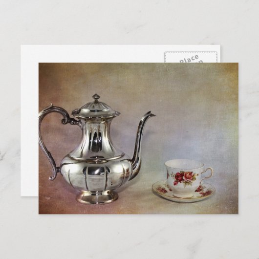 Antiek Silver Tea Pot and Bone China Cup Briefkaart (Voorkant / Achterkant)