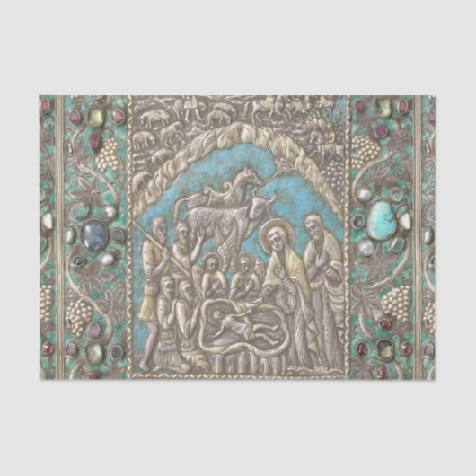 Antiek Silver Turquoise Pareltjes Natitivity Scene Tissuepapier (Voorkant)