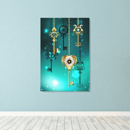 Antiek Skeleton Keys op groene achtergrond Canvas Afdruk (Insitu (Houten vloer))