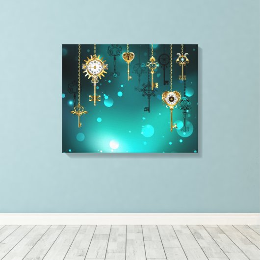 Antiek Skeleton Keys op groene achtergrond Canvas Afdruk (Insitu (Houten vloer))