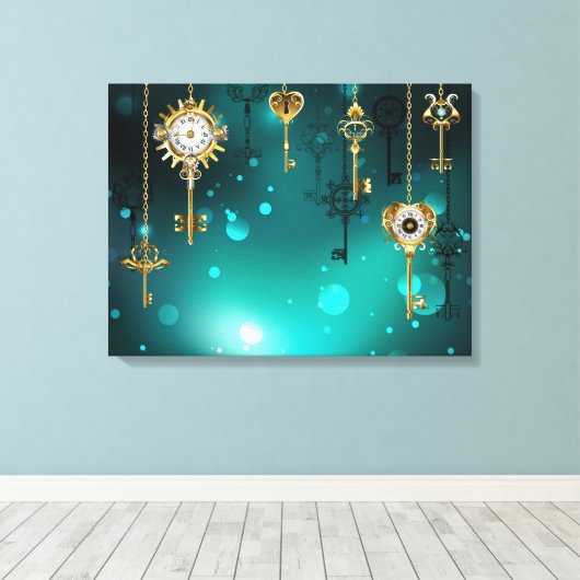 Antiek Skeleton Keys op groene achtergrond Canvas Afdruk (Insitu (Houten vloer))