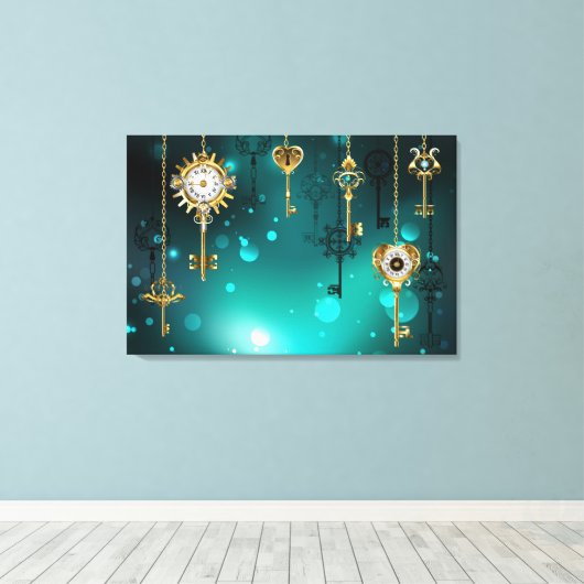Antiek Skeleton Keys op groene achtergrond Canvas Afdruk (Insitu (Houten vloer))