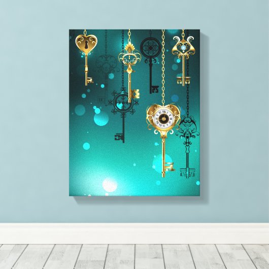 Antiek Skeleton Keys op groene achtergrond Canvas Afdruk (Insitu (Houten vloer))