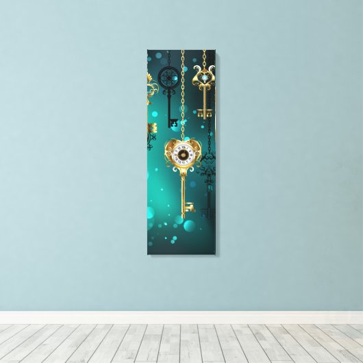 Antiek Skeleton Keys op groene achtergrond Canvas Afdruk (Insitu (Houten vloer))