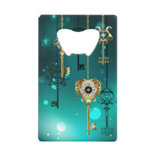 Antiek Skeleton Keys op groene achtergrond Creditkaart Flessenopener