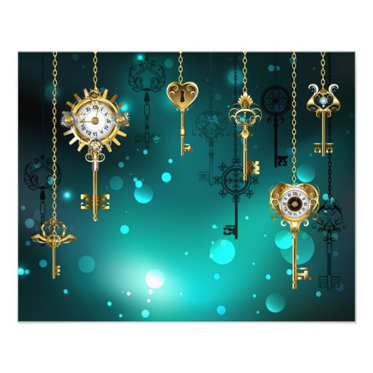 Antiek Skeleton Keys op groene achtergrond Foto Afdruk (Voorkant)