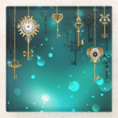 Antiek Skeleton Keys op groene achtergrond Glazen Onderzetter (Voorkant)