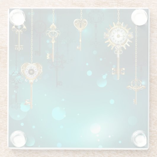 Antiek Skeleton Keys op groene achtergrond Glazen Onderzetter (Achterkant)