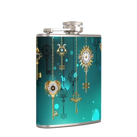 Antiek Skeleton Keys op groene achtergrond Heupfles (Rechts)