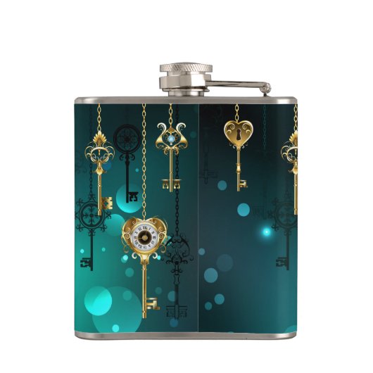 Antiek Skeleton Keys op groene achtergrond Heupfles (Achterkant)