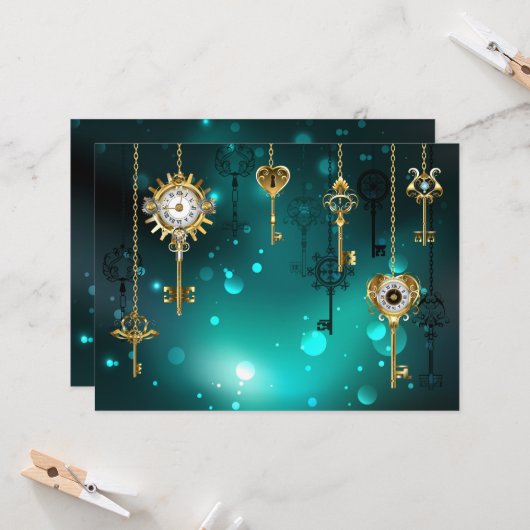 Antiek Skeleton Keys op groene achtergrond Kaart (Voorkant / Achterkant in situ)