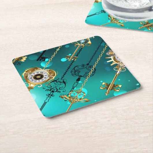 Antiek Skeleton Keys op groene achtergrond Kartonnen Onderzetters (Schuin)