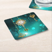 Antiek Skeleton Keys op groene achtergrond Kartonnen Onderzetters (Schuin)