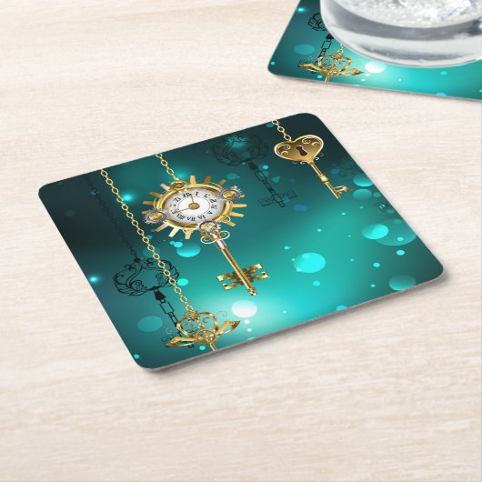 Antiek Skeleton Keys op groene achtergrond Kartonnen Onderzetters (Schuin)